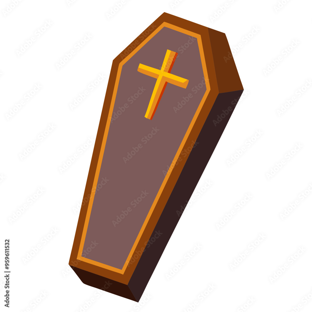 Obraz premium an emoji of a coffin. It is a stylized, cartoon-like representation with a brown color and a yellow cross on the top. The coffin has a hexagonal shape, which is typical for traditional coffins