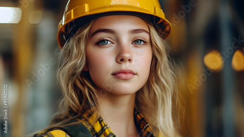 A young woman in a hard hat, embodying a construction environment.