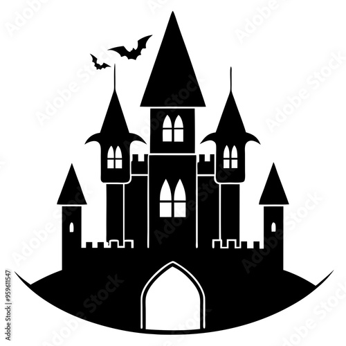 a black silhouette of a castle with three tall towers, each topped with pointed roofs. The central tower is the tallest, and the two side towers are slightly shorter