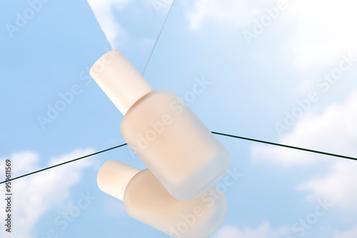 Make-up foundation product pack shot photography with sky background reflection on mirrors