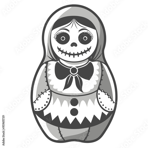 a black and white illustration of a matryoshka doll, also known as a Russian nesting doll. This particular design has a spooky, Halloween-themed appearance