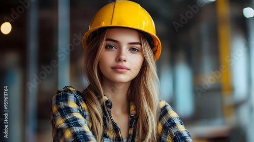 A young woman in a hard hat...