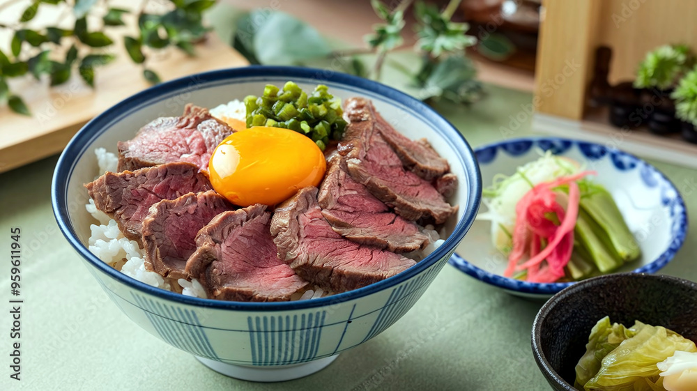 A delectable bowl of Gyudon, featuring tender Japanese beef over rice, served in a cozy restaurant setting, capturing the essence of authentic Japanese cuisine. A delectable bowl of Gyudon, featuring tender Japanese beef over rice, served in a cozy restaurant setting, capturing the essence of authentic Japanese cuisine.