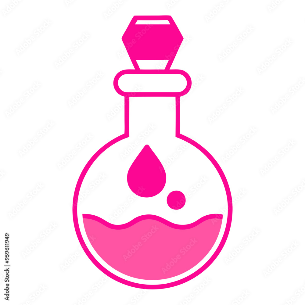 a simple, stylized illustration of a potion bottle. The bottle is round with a narrow neck and a hexagonal stopper on top. It is outlined in bright pink, and the lower half of the bottle a simple, stylized illustration of a potion bottle. The bottle is round with a narrow neck and a hexagonal stopper on top. It is outlined in bright pink, and the lower half of the bottle