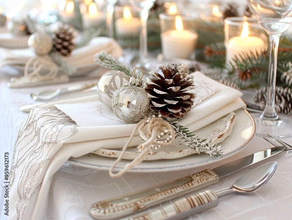 Elegant holiday table setting with white linens, candles, and natural decor featuring pinecones and glass ornaments.