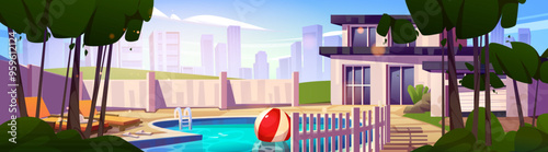 Back yard of modern luxury mansion with swimming pool, lounge chairs and inflatable ball, trees and fence in suburban neighborhood. Cartoon vector illustration of poolside area of country cottage.