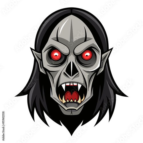 an illustration of a vampire's head. It has a menacing expression with red, glowing eyes and sharp fangs. The skin is a pale gray color, and the vampire has long, black hair