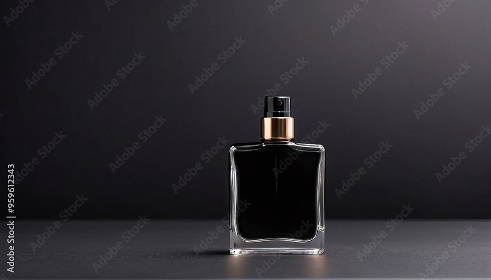 Black perfume bottle with gold lid on a dark surface. Black perfume bottle with gold lid on a dark surface.