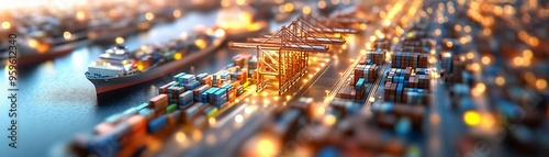 Aerial view of a busy shipping port at night, illuminated containers and cranes, showcasing the vibrant logistics and trade. photo