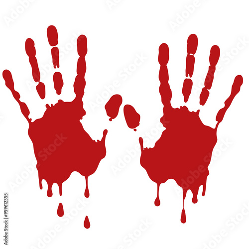 two red handprints with a dripping effect, giving the appearance of blood. The handprints are positioned side by side, with some small red spots and drips below them,