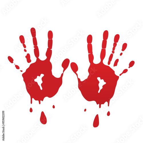 two red handprints side by side on a white background. The handprints appear to be made with a liquid that resembles blood, as there are small drips and splatters around them