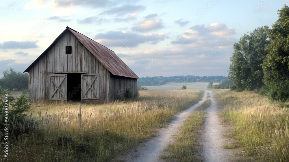 A rustic wooden barn with a rusty metal roof stands alone in a field with a dirt road leading to it. A rustic wooden barn with a rusty metal roof stands alone in a field with a dirt road leading to it.