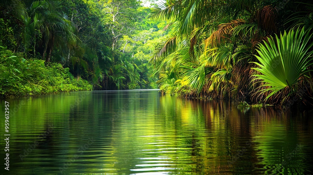 A tranquil river flows through a lush green rainforest, sunlight reflecting on the calm water. A tranquil river flows through a lush green rainforest, sunlight reflecting on the calm water.