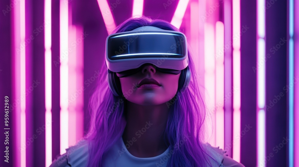 Woman in virtual reality glasses on futuristic purple neon light background. Woman in virtual reality glasses on futuristic purple neon light background.