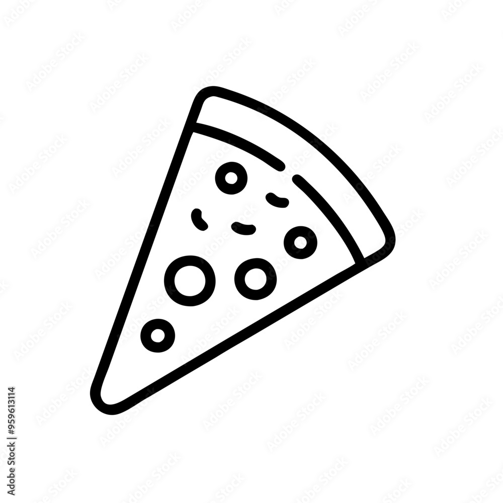 a simple black and white line drawing of a slice of pizza. The slice is triangular, with a curved crust at the top. There are several circular shapes on the slice a simple black and white line drawing of a slice of pizza. The slice is triangular, with a curved crust at the top. There are several circular shapes on the slice
