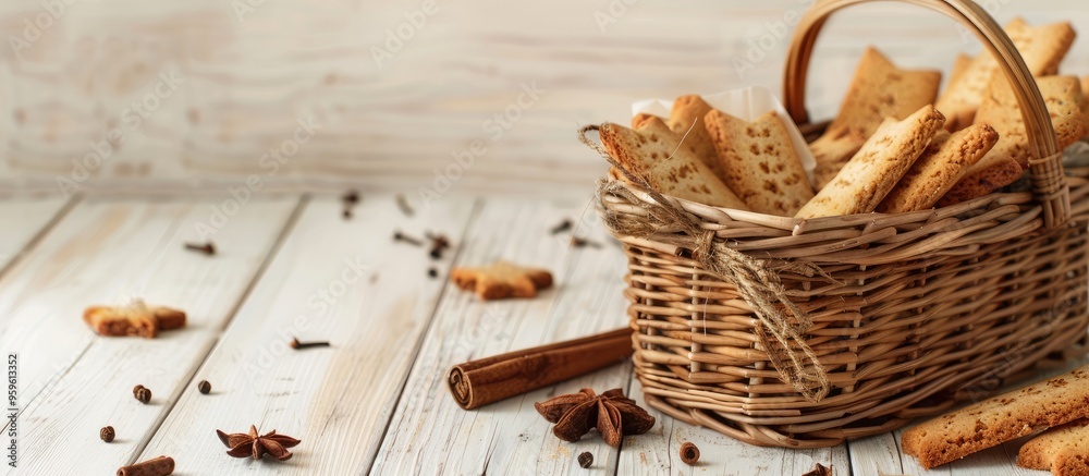 Basket filled with delicious biscotti cookies and spices on a light wooden surface. Copy space image. Place for adding text and design Basket filled with delicious biscotti cookies and spices on a light wooden surface. Copy space image. Place for adding text and design