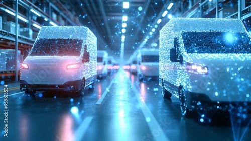 High-tech delivery vans in a modern warehouse, showcasing advanced logistics and transportation technology in a futuristic setting. photo