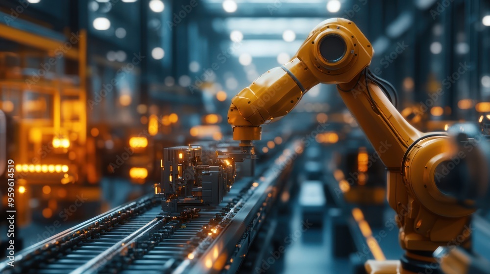 Modern Factory: Robotic Arm in Action, Industrial Design. Modern Factory: Robotic Arm in Action, Industrial Design.