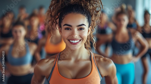 A happy woman enjoying a group workout in a gym, celebrating a healthy lifestyle.