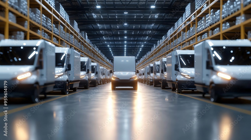 A modern warehouse with rows of delivery trucks ready for logistics and transportation operations, showcasing efficient supply chain management. A modern warehouse with rows of delivery trucks ready for logistics and transportation operations, showcasing efficient supply chain management.
