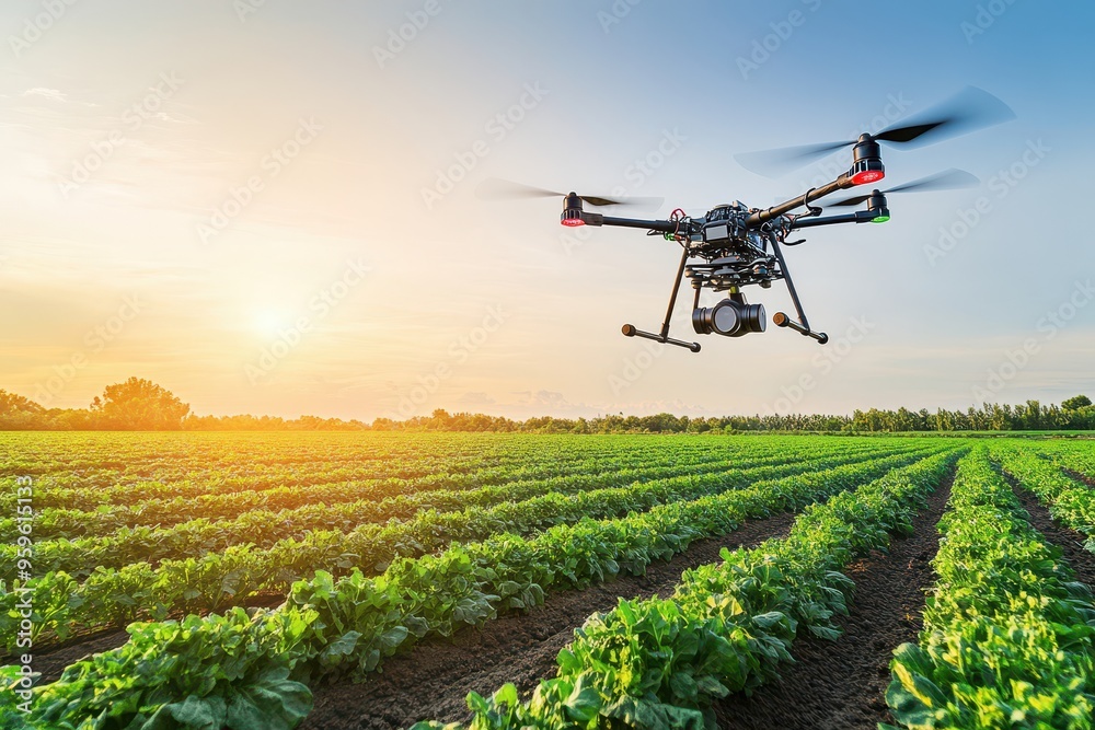 drone spraying water and nutrients over a vast vegetable farm, showcasing the efficiency of modern agricultural practices. Ideal for agriculture, technology, and environmental themes. drone spraying water and nutrients over a vast vegetable farm, showcasing the efficiency of modern agricultural practices. Ideal for agriculture, technology, and environmental themes.