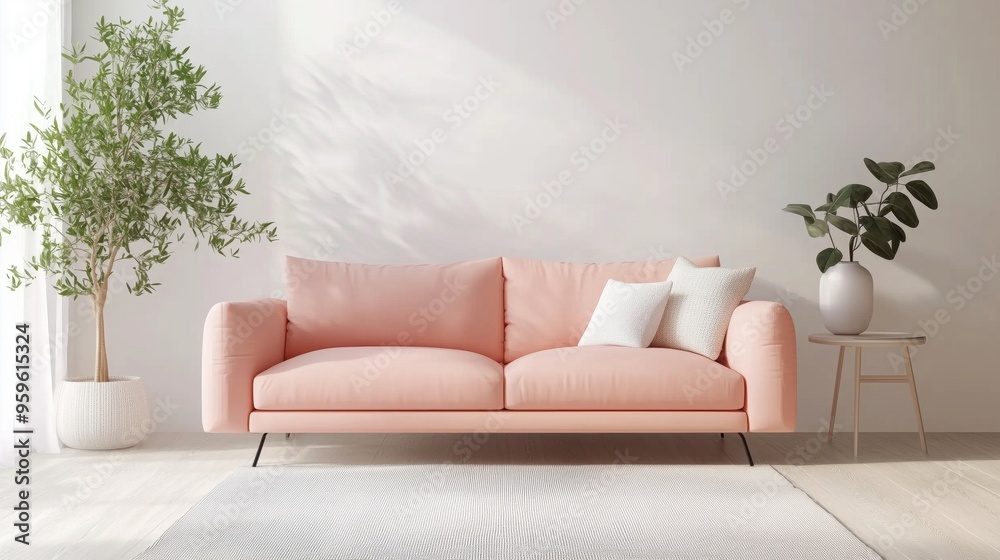 Minimalistic living room with white walls, pastel furniture, and light.