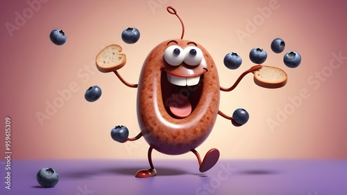 cartoon style sausage character round body small limbs wide smile one sausage juggling.