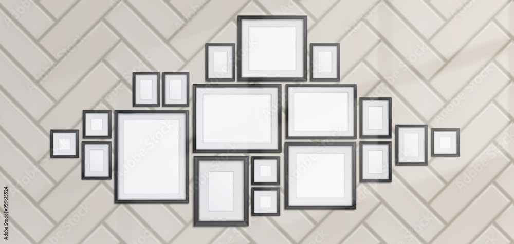 Photo frame on wall. 3d white picture gallery. Realistic black border layout design with blank image template mockup. Exhibition interior framework group show for portfolio album presentation. Photo frame on wall. 3d white picture gallery. Realistic black border layout design with blank image template mockup. Exhibition interior framework group show for portfolio album presentation.