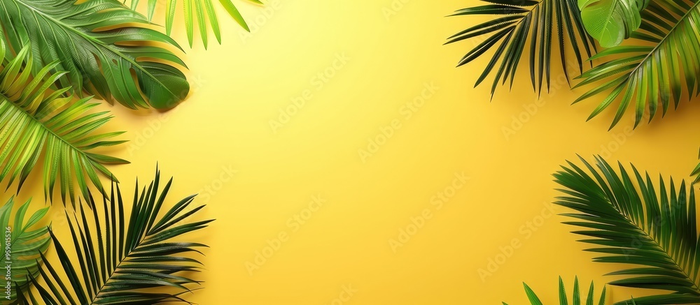 Various palm leaves on a yellow background copy space Various palm leaves on a yellow background copy space