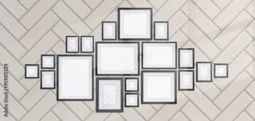 Photo frame on wall. 3d white picture gallery. Realistic black border layout design with blank image template mockup. Exhibition interior framework group show for portfolio album presentation.
