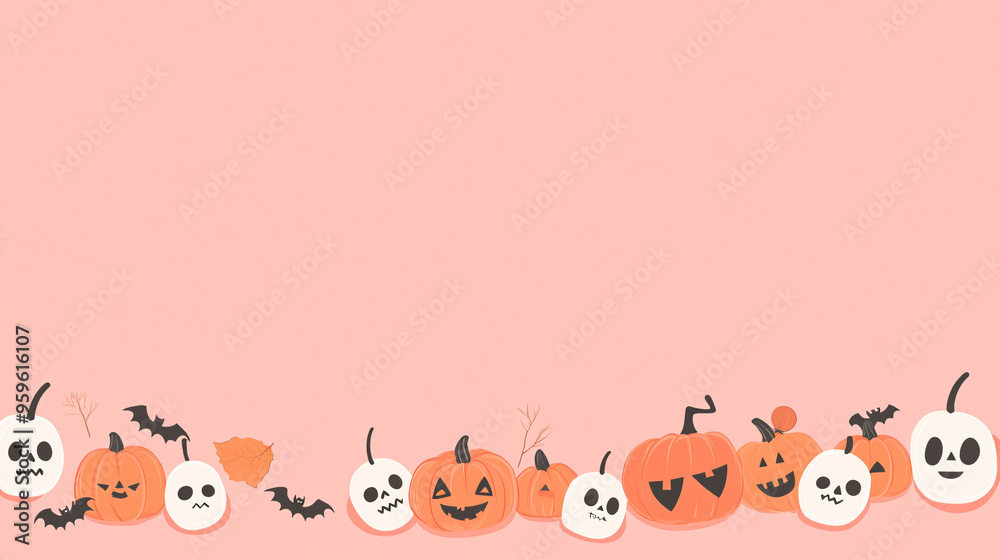 A cute and simple flat design illustration of a Halloween-themed border, featuring playful pumpkins and skulls. The minimalist design uses a bright pink background and a lively color scheme. The
