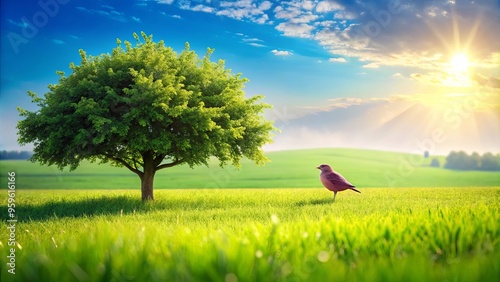 A small bird perched on a lush green field with a leafy tree under a sunlit sky