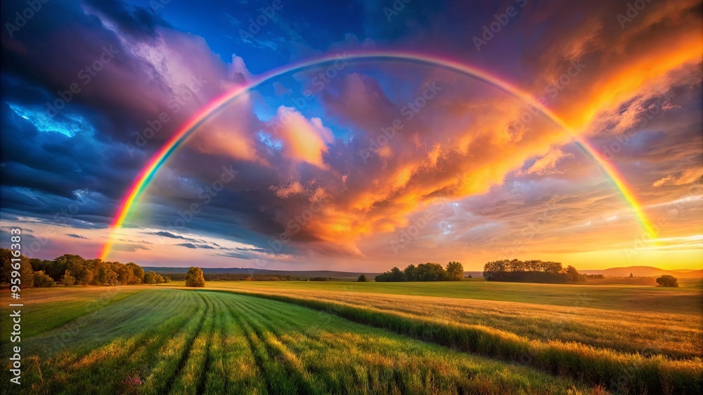 Tranquil scene of sunset over field with vibrant rainbow in clear sky Tranquil scene of sunset over field with vibrant rainbow in clear sky