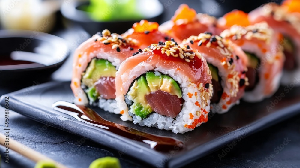 A mouthwatering sushi roll with vibrant ingredients like spicy tuna and avocado, garnished with a drizzle of eel sauce and served with a side of ginger and wasabi A mouthwatering sushi roll with vibrant ingredients like spicy tuna and avocado, garnished with a drizzle of eel sauce and served with a side of ginger and wasabi