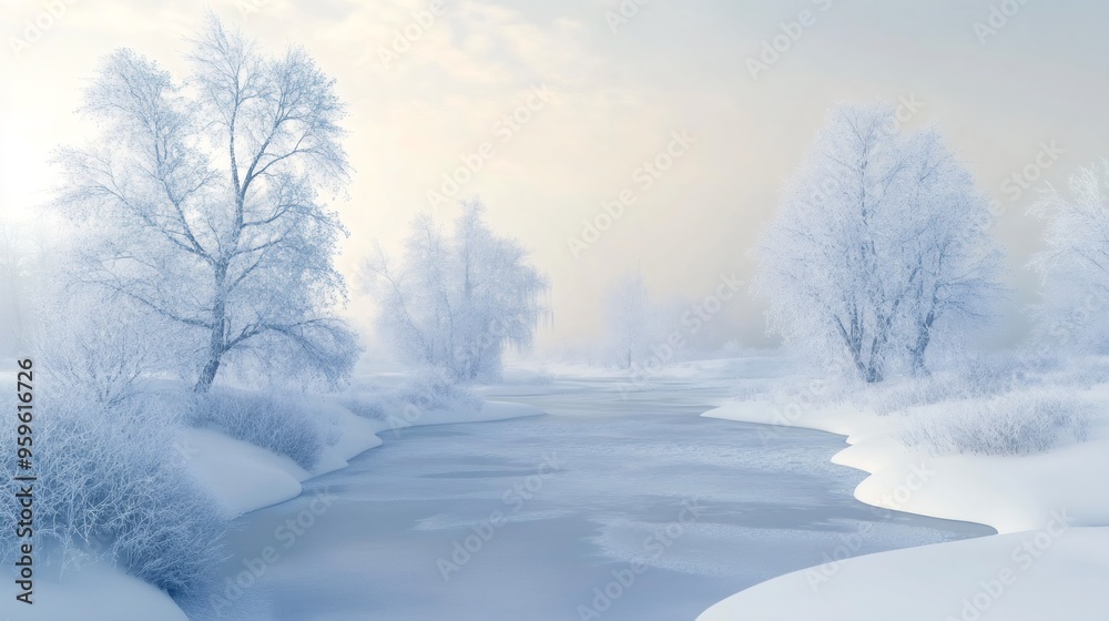 A serene, snow-covered landscape with a frozen river winding through a forest of frosted trees under a hazy sky. A serene, snow-covered landscape with a frozen river winding through a forest of frosted trees under a hazy sky.
