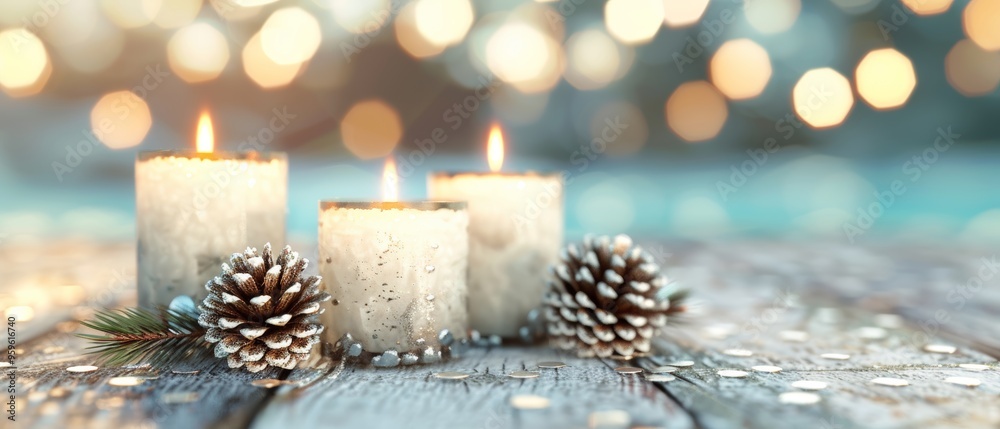 Serene display of lit candles and pine cones on a wooden surface, perfect for festive and cozy seasonal imagery. Serene display of lit candles and pine cones on a wooden surface, perfect for festive and cozy seasonal imagery.