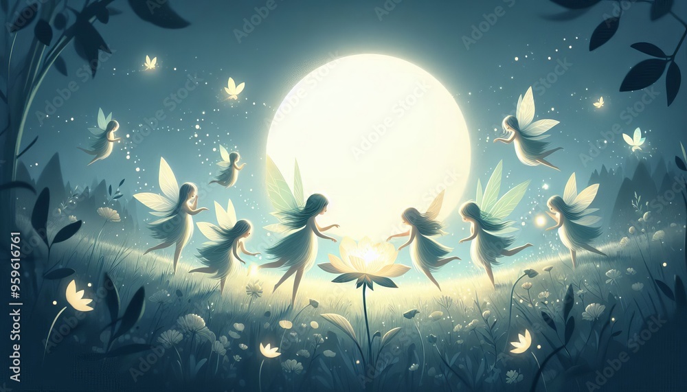 Enchanting fairies gather around a glowing flower in a magical moonlit forest. Enchanting fairies gather around a glowing flower in a magical moonlit forest.