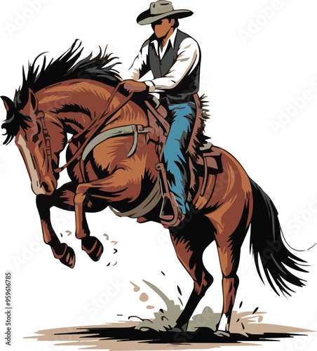vector illustration hand drawing of a cowboy holding on to a wildly bucking horse 