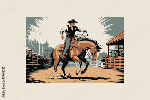 vector illustration hand drawing of a cowboy holding on to a wildly bucking horse 