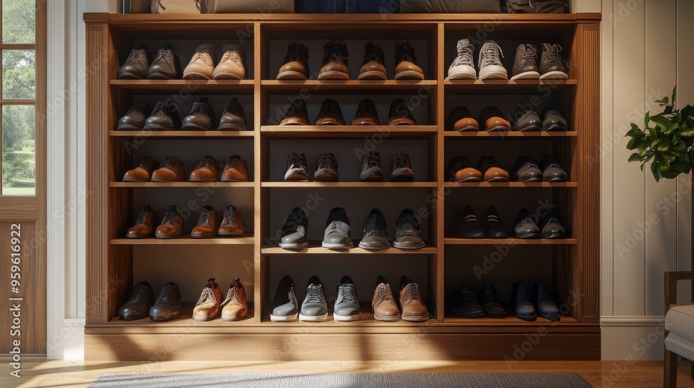 A neatly organized shoe rack with an array of shoes, including casual and formal styles, arranged on shelves in a well-lit entryway A neatly organized shoe rack with an array of shoes, including casual and formal styles, arranged on shelves in a well-lit entryway