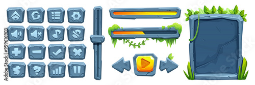 Game ui design elements with stone texture and jungle plants. Cartoon vector illustration set of videogame rock border and button, menu plaque and progress bar with tropical leaves and liana vines.