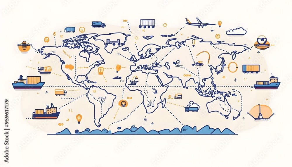 Global Logistics and Transportation Network with Connected Shipping Containers, Trucks, Planes, and Ships Global Logistics and Transportation Network with Connected Shipping Containers, Trucks, Planes, and Ships