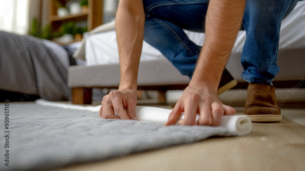 A person rolling out a rug on a bedroom floor, focusing on organizing the living space with care and attention. A person rolling out a rug on a bedroom floor, focusing on organizing the living space with care and attention.