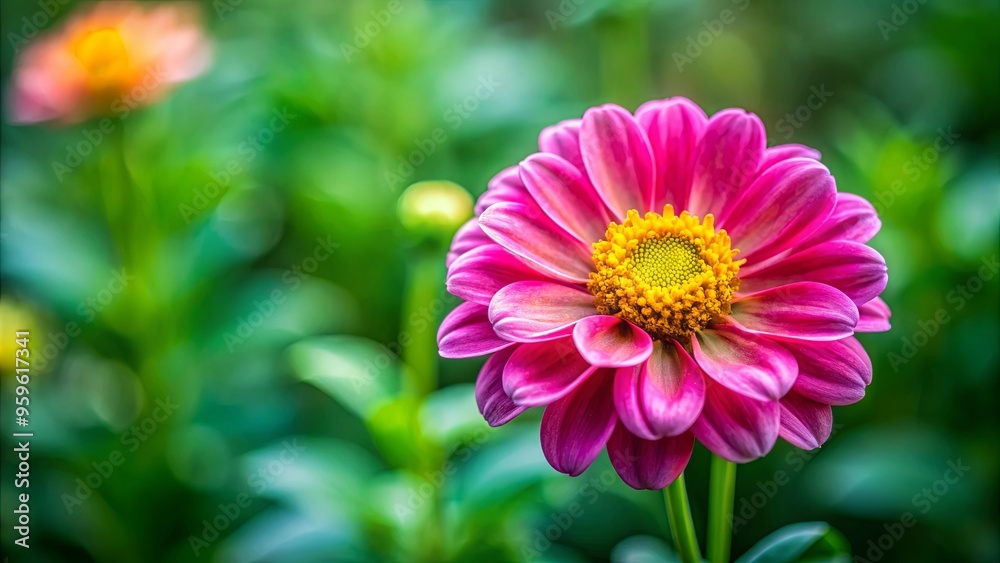 Obraz premium Pink flower with yellow core on green plant with hazy background