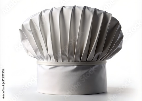 The tall white chef's hat sits atop a kitchen counter, its round top and distinctive pleats adding a touch of elegance to the culinary setting. photo