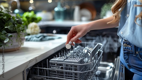 A person is placing a detergent tablet into a dishwasher in a modern kitchen with plants and a marble countertop. photo