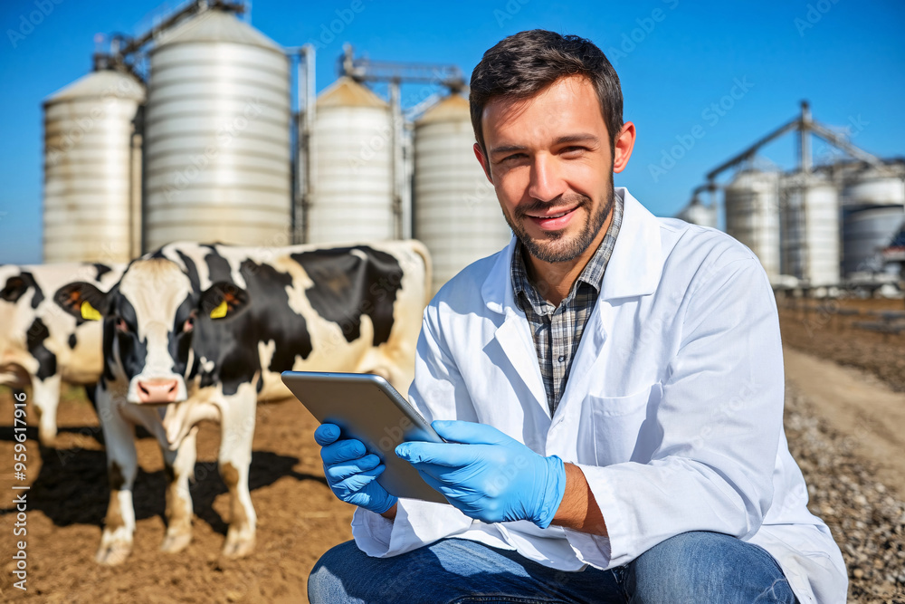 A young male agricultural scientist wearing a white coat and gloves uses a tablet on a dairy farm, with cows and silos in the background, demonstrating modern farming technology and research.