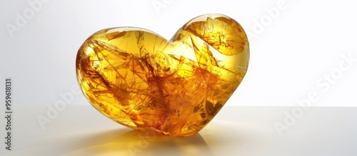 Transparent yellow amber shaped like a heart against a white background The original hue is yellow Sunstone Features natural patterns and inclusions A semi precious mineral material used by jewelers photo