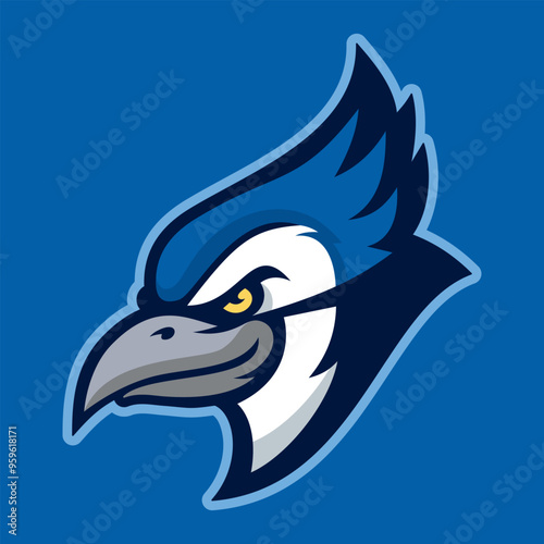 Blue jay mascot logo, featuring a fierce and determined bird with sharp eyes and beak.