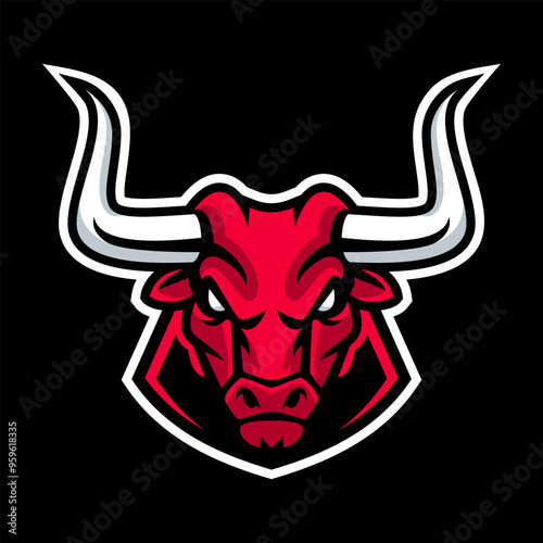 Red bull head mascot logo with angry expression for sport team on black background.